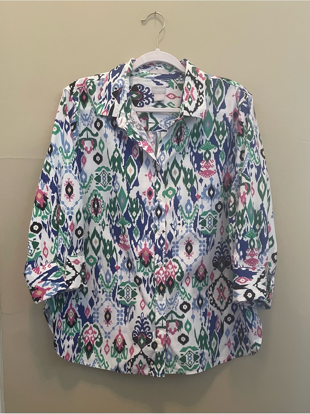 Chico's No-Iron Chic Stretch Multicolor Ikat Print Button-Down Shirt Sz 3/XL 16